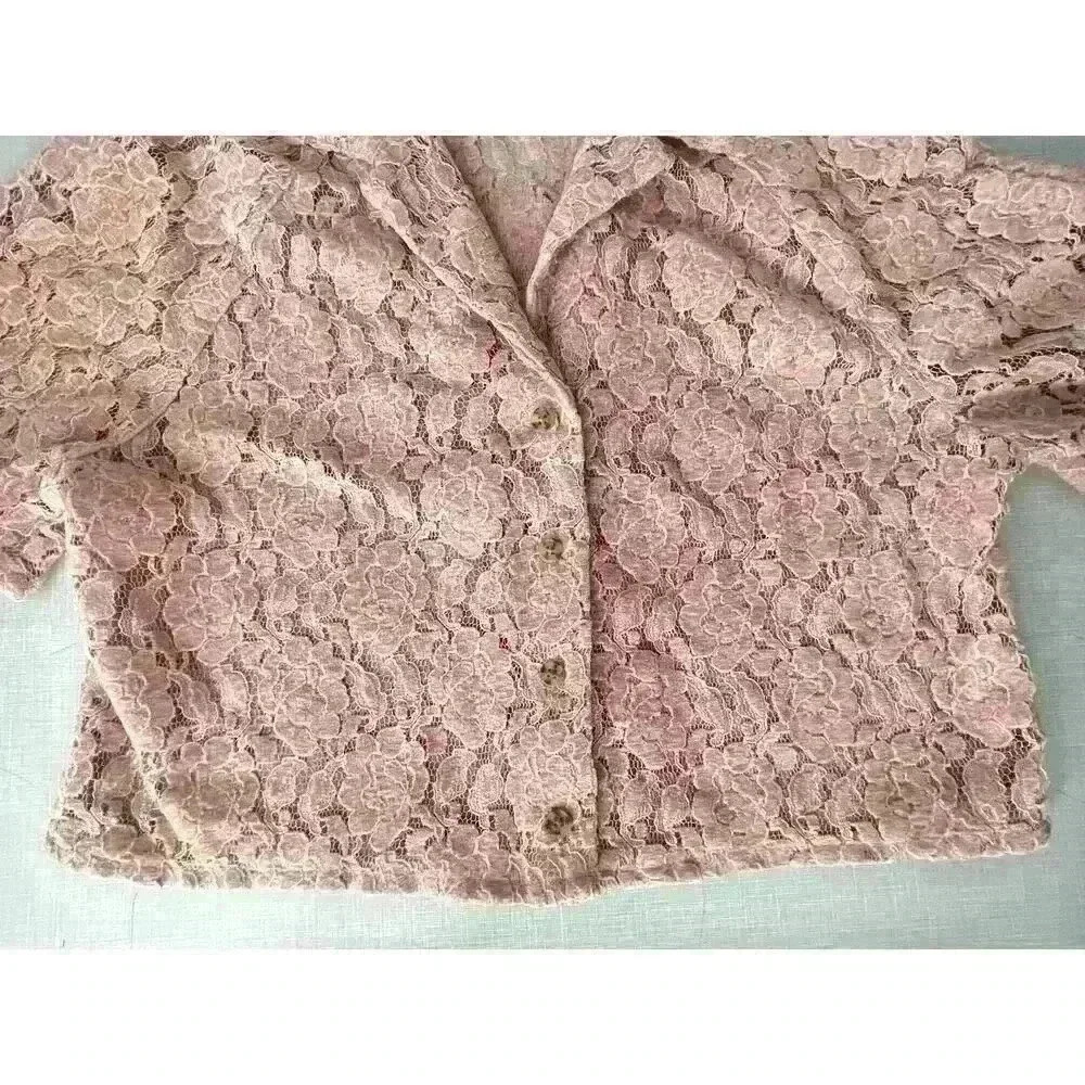Urban Outiftters Sz SM Pink Lace Cropped Shirt Cottage Core Romantic Fairy - Picture 8 of 12